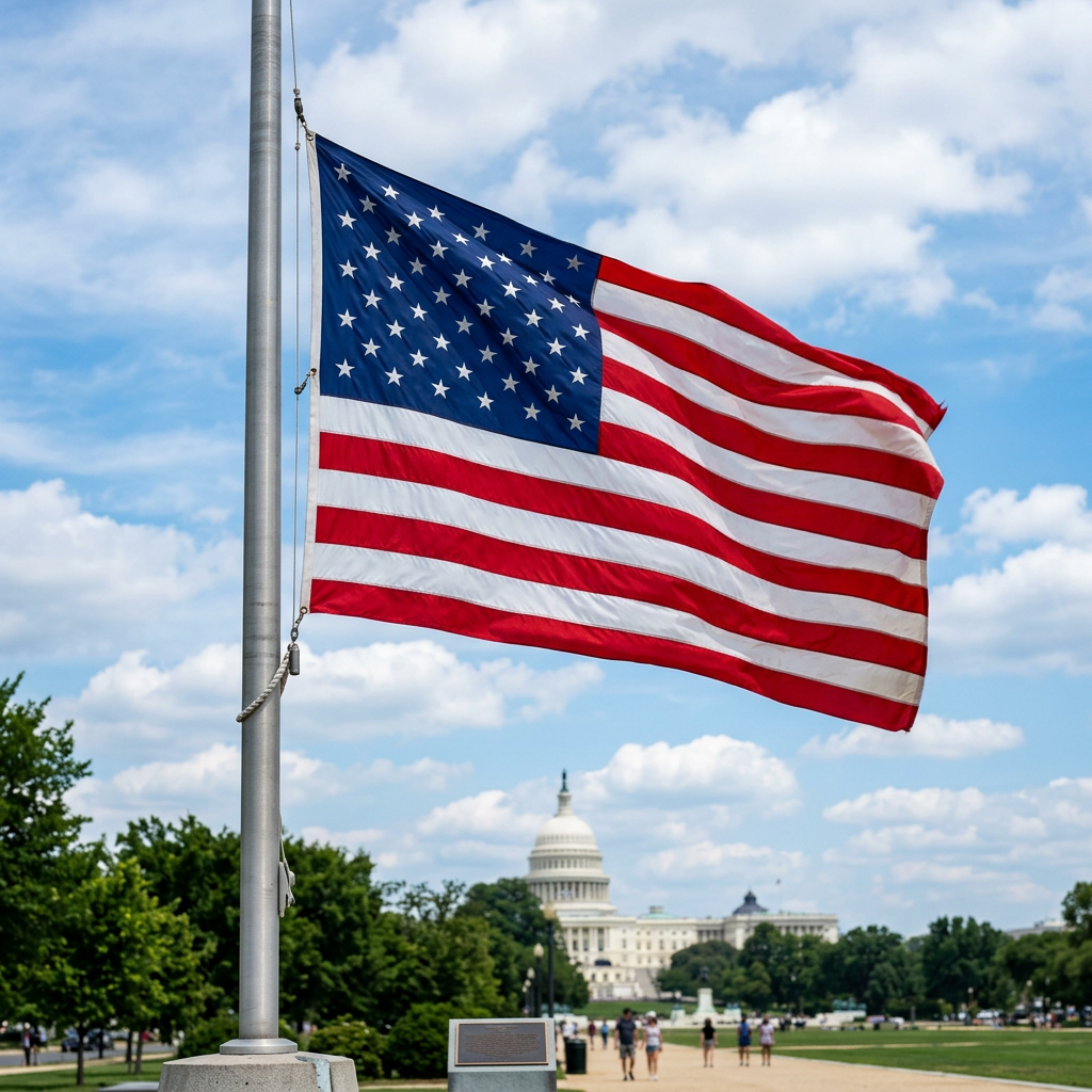 American flag flying on a pole with the U.S. Capitol building in the background