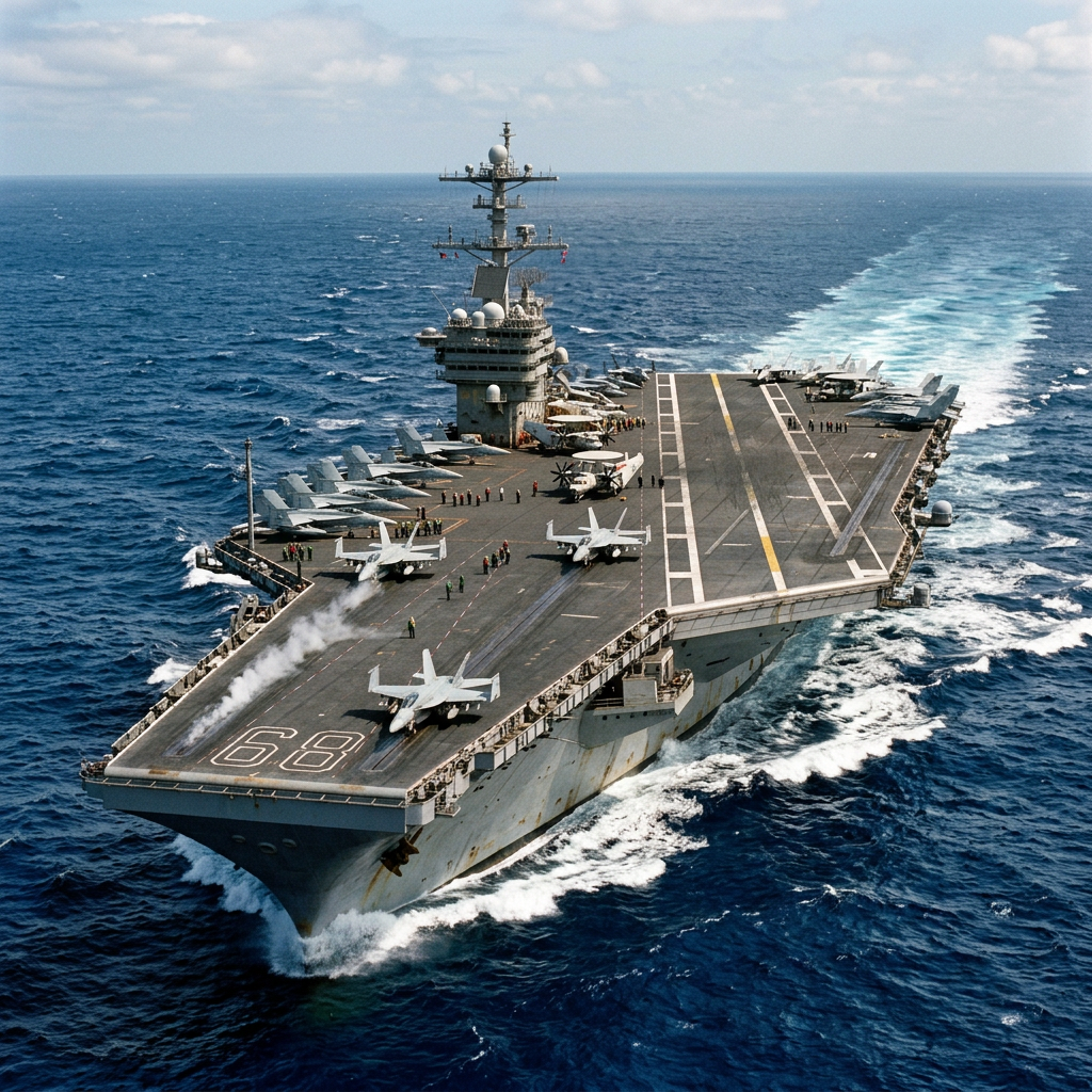 Aircraft carrier number 68 underway with fighter jets on deck and crew members present